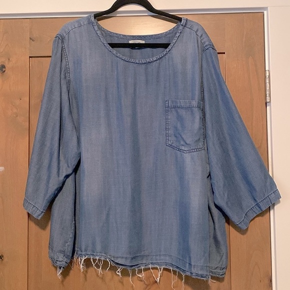 Per Se Chambray Popover Blouse 3/4 sleeve Womens 3X Raw hem Boxy coastal grandma - Picture 1 of 8